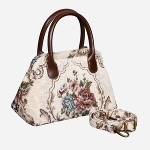 NEW Floral Cream Leather Carpet Tapestry Satchel Bag NEVER CARRIED READ!!!!!